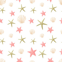 Vector seamless summer pattern. Cartoon starfish and underwater shells. Wallpaper on the theme of a summer beach holiday.