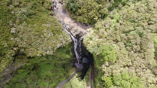 Aerial view of Risco waterfall in Rabacal, Paul da Serra, Madeira, Portugal