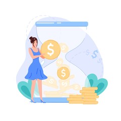 Vector cartoon flat woman character present symbol of income on hourglass background.Happy girl holds gold coins-metaphor of income,investments,profit grow web site banner concept