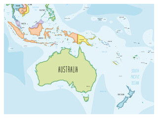 Fototapeta premium Political map of Australia and Oceania. Colorful hand-drawn cartoon style illustrated map with bathymetry. Handwritten labels of country, capital city, sea and ocean names. Simple flat vector map.