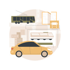 Surface transport abstract concept vector illustration. Road transport, movement of goods people, road or rail, truck on highway, roundabout traffic, car driving fast, bus stop abstract metaphor.