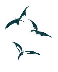 Intuitive ink drawing illustration. Stylized image of flying creatures. Abstract black silhouettes are similar to seagull, duck and bat, but this is a sketchy creative flock of birds.