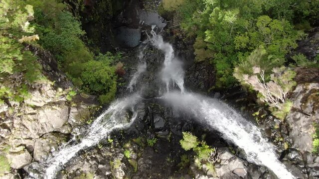 Aerial view of Risco waterfall in Rabacal, Paul da Serra, Madeira, Portugal