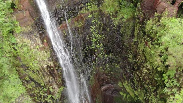 Aerial view of Risco waterfall in Rabacal, Paul da Serra, Madeira, Portugal