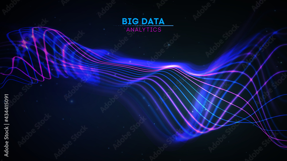 Fototapete Big data wave on dark background. Futuristic cyber technology innovation backdrop. Communication network internet technology. Sound wave. Dynamic wave flow in blue color.