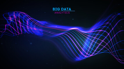 Big data wave on dark background. Futuristic cyber technology innovation backdrop. Communication network internet technology. Sound wave. Dynamic wave flow in blue color.