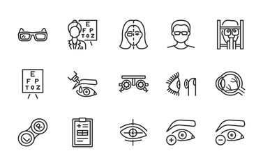 Ophthalmology flat line icon set. Vector illustration vision treatment. Examination in an ophthalmological clinic. Editable strokes - obrazy, fototapety, plakaty