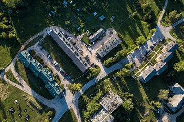 Aerial view of Mezvalde village in sunny summer evening, Latvia.