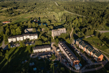 Aerial view of Mezvalde village in sunny summer evening, Latvia.