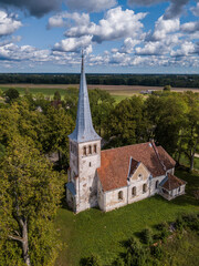 Aerial view of Kabile village lutheran church, Latvia.