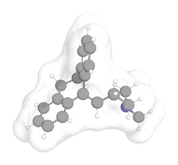 3D rendering of Amitriptyline with white transparent surface on a white opaque background. Also called amitriptylin and elavil.