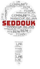 Seddouk and related concepts illustrated in a wordcloud shape like a map-pin over a white opaque background.