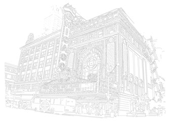 Hand sketched pen and ink drawing of Chicago Theater