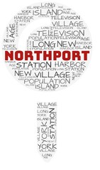 Northport and related concepts illustrated in a wordcloud shape like a map-pin over a white opaque background.