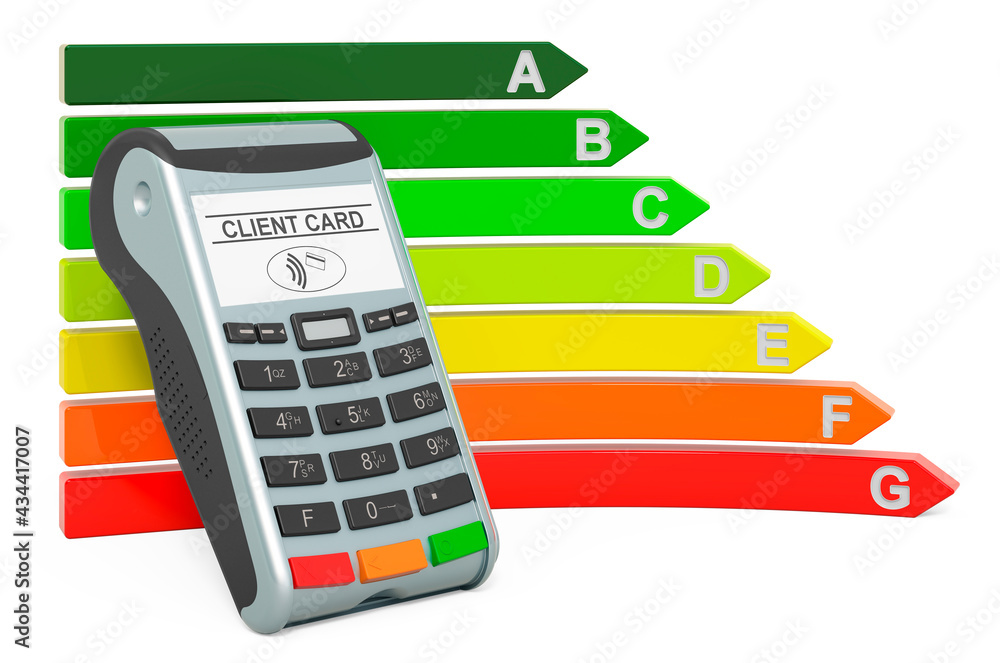 Poster pos-terminal with energy efficiency chart, 3d rendering