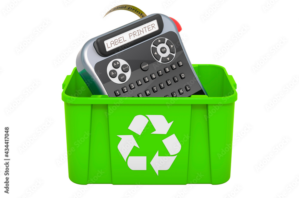 Poster recycling trashcan with label printer. 3d rendering