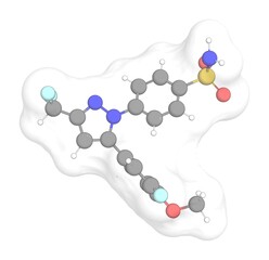 3D rendering of Deracoxib with white transparent surface on a white opaque background. Also called deramaxx and sc 46.