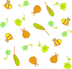 Vector pattern of cute bees, ladybugs and flowers. Cartoon style. Hand drawn vector illustration. Design for T-shirt, textile and prints.
