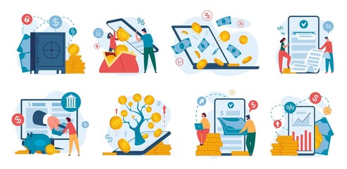Online banking. Internet financial operations using smartphone. Digital bank deposit, phone payment, saving money, cashback, concept vector set. Money investment, having big income