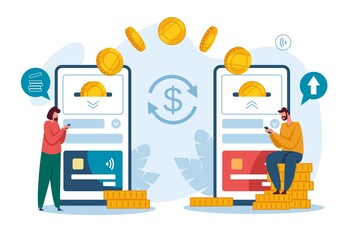 Money transfer. Receiving payment with smartphone. Digital bank or electronic wallet phone app, mobile money transactions vector concept. Capital flow, earning or making money, wireless devices
