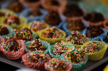 Homemade colorful chocolate truffles 
