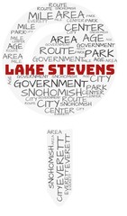 Lake stevens and related concepts illustrated in a wordcloud shape like a map-pin over a white opaque background.