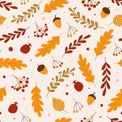 Autumn seamless pattern. Red or yellow dry fallen leaves, acorns, berries. Hand drawn foliage and fall forest nature elements vector background. Natural elements for fabric textile
