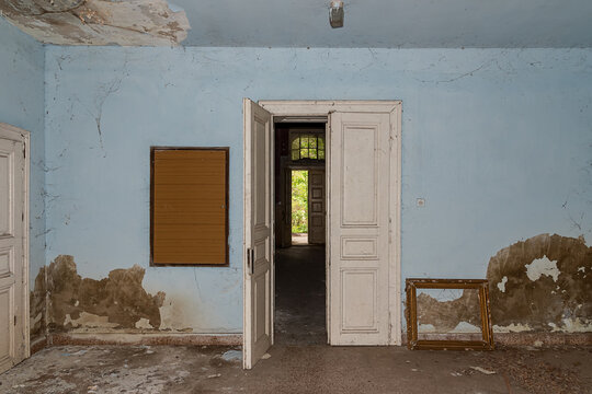 Becej, Serbia - May 01, 2021: Interior of  summer house of the noble family Gombos left to the ravages of time. It was built at the beginning of the 20th century