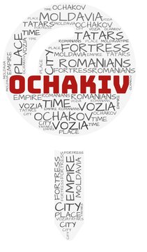 Ochakiv and related concepts illustrated in a wordcloud shape like a map-pin over a white opaque background.