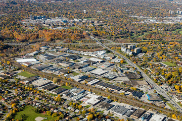 An aerial view of Railside industrial area near Lawrence and DVP, Toronto, Ontario