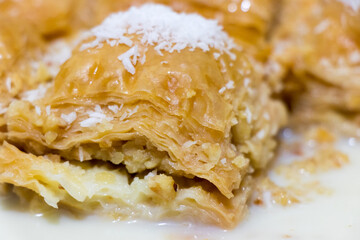 Traditional Turkish Dessert Baklava with nut and milk. Sutlu Nuriye - Milky Nuriye