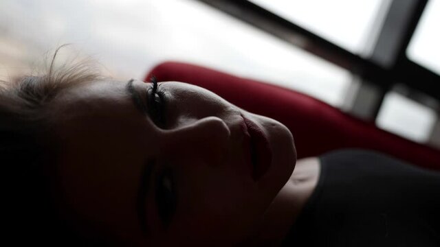 excited face of passionate woman during sex or self-pleasure, closeup view