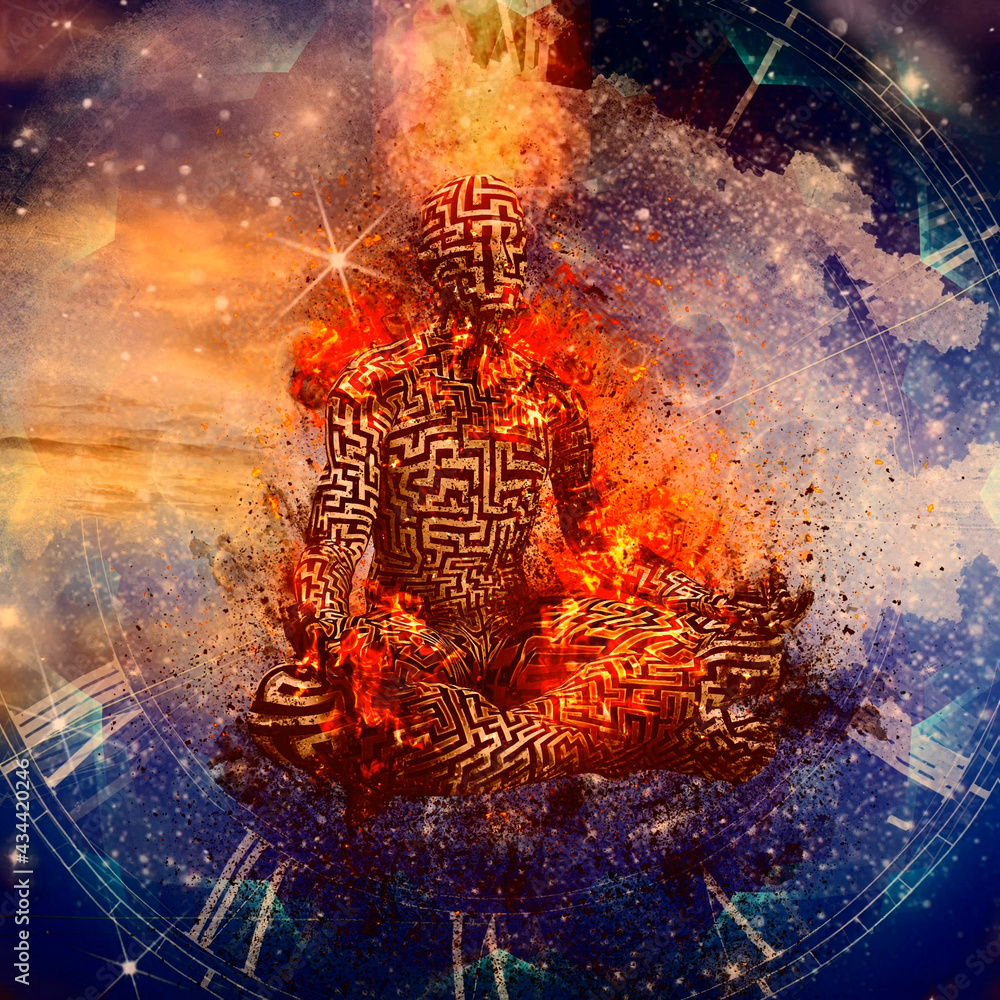 Poster flaming meditation. man in lotus pose. 3d rendering