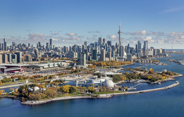 Aerial view of Toronto Skyline from the south west with Ontario Place in the foreground.