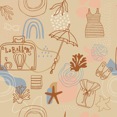 Abstract vector doodle summer pattern. Seamless background with clothes and accesories.