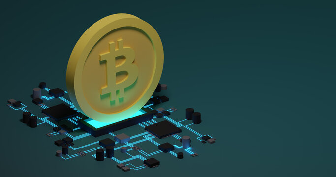 3D Isometric Bitcoin with chipset and background
