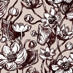 Linear pattern - lotus, water lillies flowers. Lotus flowers seamless pattern. Monotone with drawing line art. Exsotic background texture. Tropical floral art print.