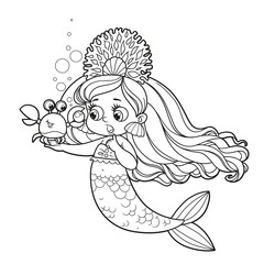 Cartoon crab showing a large pearl  to cute little mermaid girl in coral tiara outlined for coloring page isolated on white background