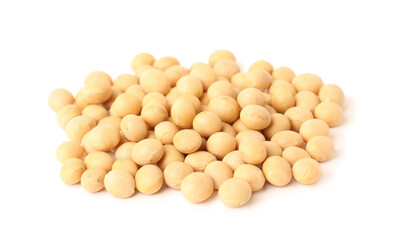 Pile of raw soya beans on white background. Vegetable planting