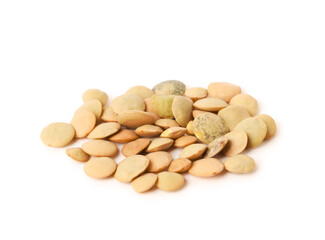 Pile of raw lentils on white background. Vegetable planting