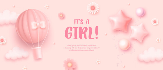 Baby shower horizontal banner with cartoon hot air balloon, helium balloons and flowers on pink background. It's a girl. Vector illustration