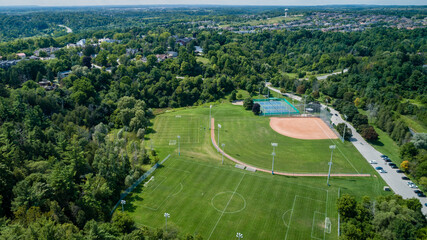 Aerial view of Binder Twine Park, with the village of Kleinburg behind.