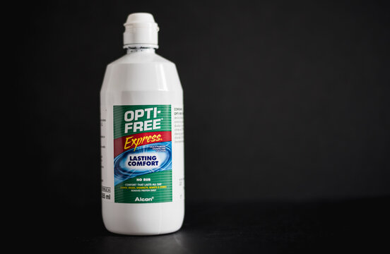 Auchterarder, Scotland - 9 may 2021: Opti-free Express Contact Lenses Disinfecting Solution