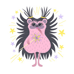 A cute hedgehog with a magic wand in a cartoon style, stars are drawn nearby. Drawing isolated on a white background. Stock vector illustration.