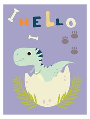 baby cards, posters with cute dinosaurs and plants, for room decoration and design, flat animals, stylized vector graphics