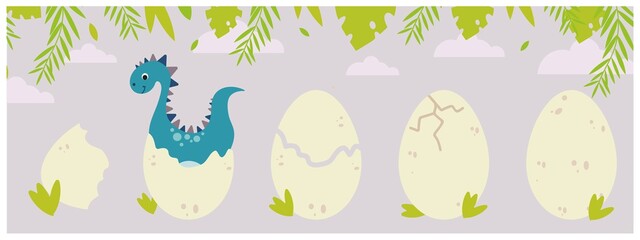 baby cards, posters with cute dinosaurs and egg, phased birth of a dinosaur with eggs, flat animals, stylized vector graphics