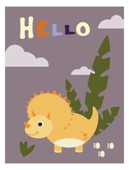 baby cards, posters with cute dinosaurs and plants, for room decoration and design, flat animals, stylized vector graphics