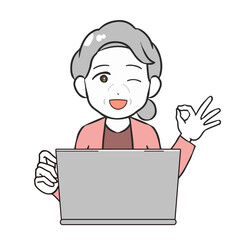 パソコン　オッケーサイン　高齢女性