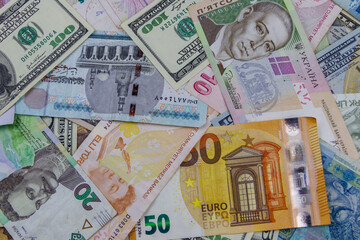 Multicurrency background of US dollars, euros, Turkish liras, Egyptian pounds and Ukrainian hryvnias