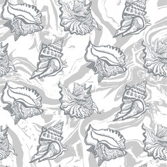 Non-directional abstract seamless pattern with light Fluid Art and hand drawn seashell in grey tones. For apparel fabric, trendy package, wallpaper, marine accessories, clothe textile, print.